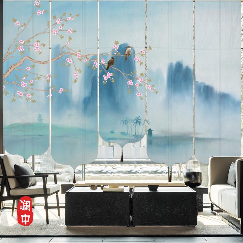 新中式透明帘屏风卷帘窗帘隔断帘挂式升降遮光帘子软隔断玄关花鸟