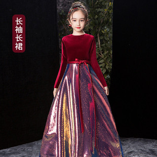 女大童胖mm大码红色洋气走秀生日宴会钢琴演奏服