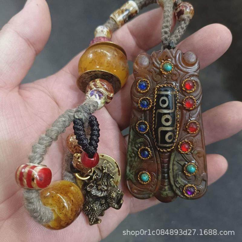 包浆复古岫玉龙龟玉璧镶嵌宝石九眼天珠五帝铜钱知了玉璧古玩把件