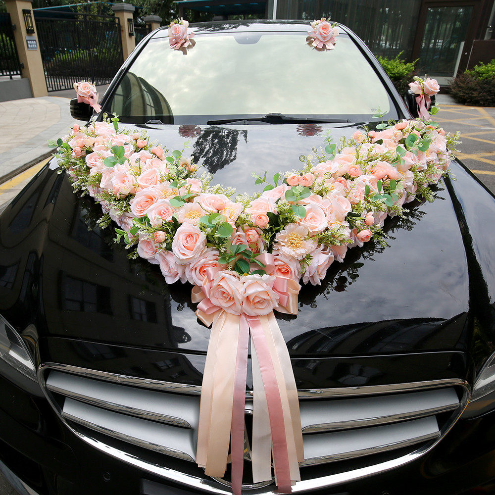 粉香槟仿真婚车花车装饰头森系婚车装饰主婚车拉花大v车队花套装