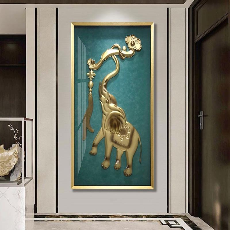 轻奢艺术玄关挂画走廊实木木雕手工实物画过道大象装饰画壁画立体
