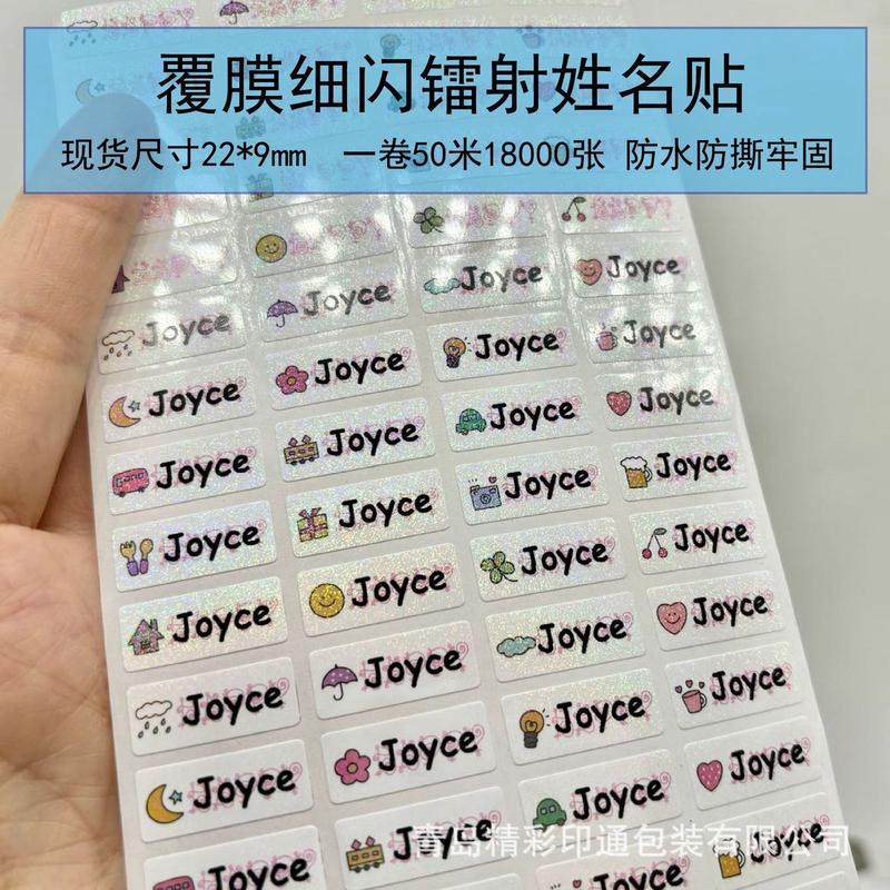 覆膜防水儿童姓名贴防撕卷筒彩色镭射名字贴卡通幼儿园不干胶贴纸