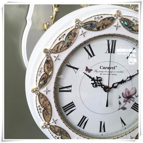 热销欧式钟真贝壳装饰圈双面创意挂钟木质钟表时钟墙钟壁钟