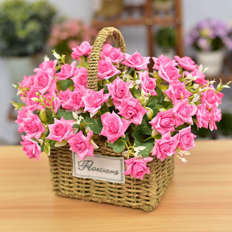 手工草编花篮手提编织篮田园风客厅装饰摆件插花篮假花仿真花套装
