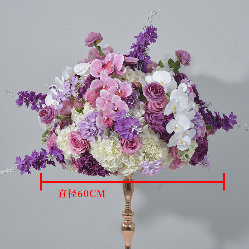 广千丰新款紫色仿真花婚礼餐桌装饰插花花球假花布置仿真花环烛台