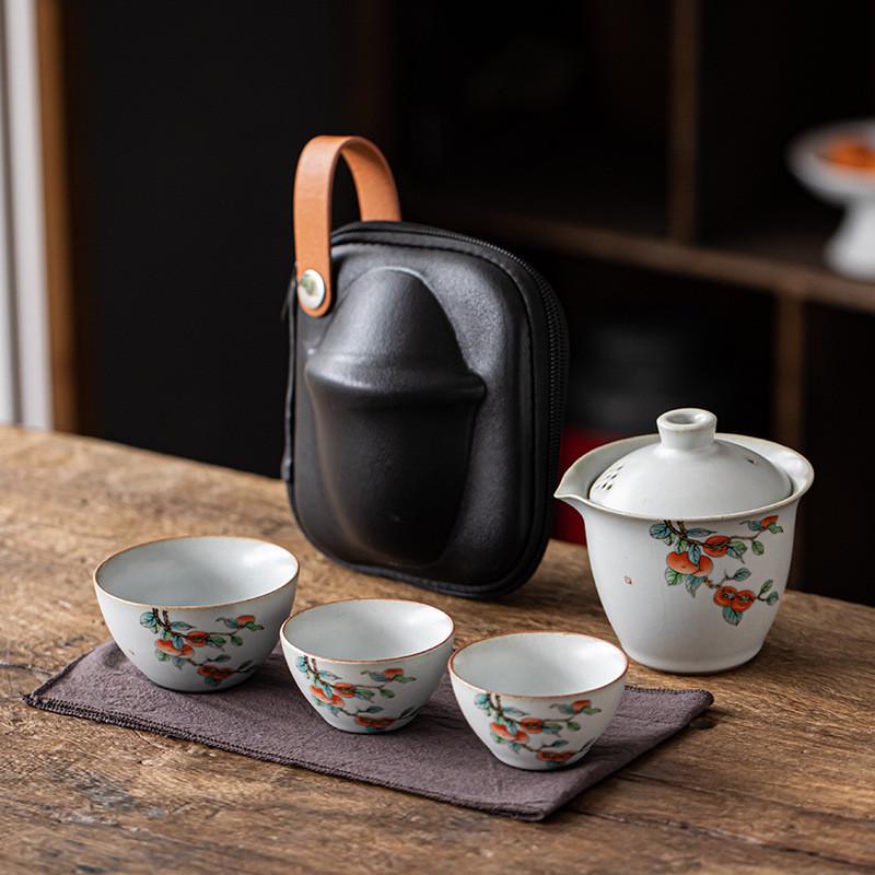 汝窑快客一壶三杯便携包式简易小茶具户外随身旅行泡茶壶茶叶