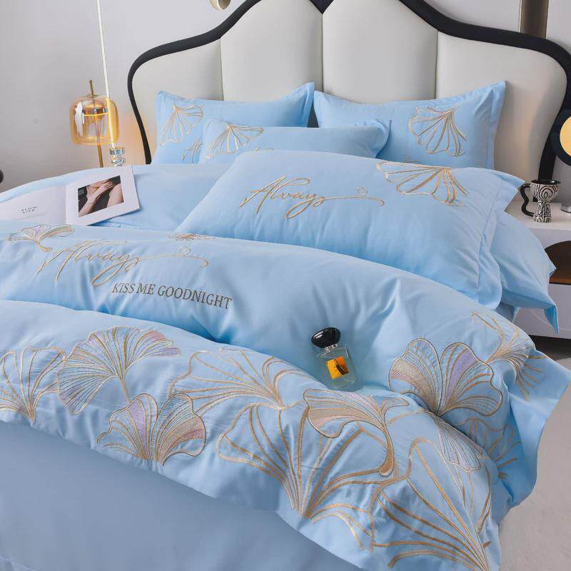 热销高级感刺绣四件套亲肤磨毛被套纯色床单轻奢刺绣棉三件套厂家