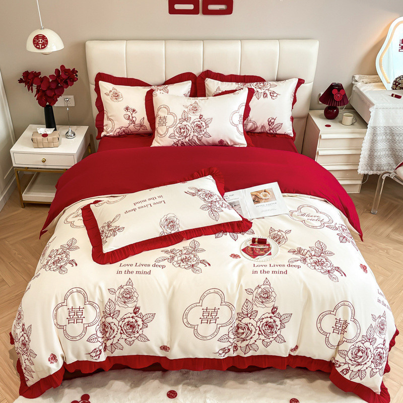高档床上用品婚庆四件套结婚喜被新婚床单被套床笠款女方陪嫁红色