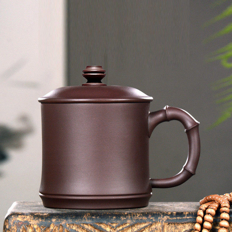 宜兴紫砂杯手工带盖杯竹节大容量男士办公室泥原矿紫泡茶杯500ml