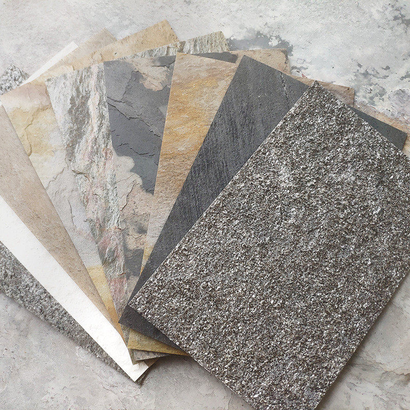 超薄石材会所工装板岩装修装饰岩板背景墙轻奢皮板灰色银色石石材