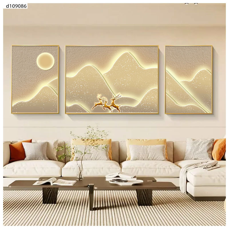 客厅装饰画沙发背景墙挂画金山九鱼图麋鹿餐厅晶瓷镶钻三联画图片