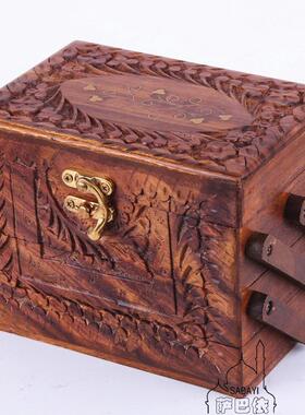 印度巴基斯坦仿古匣子手工雕刻立体高档三层珠宝盒多层首饰核桃木