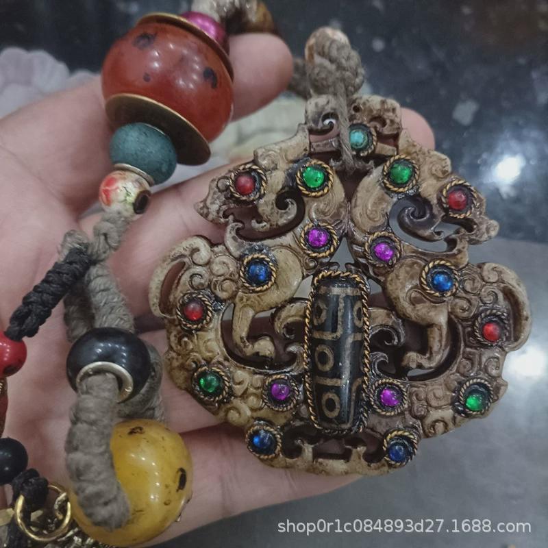 古玩复古岫玉龙龟玉璧镶嵌宝石九眼天珠五帝铜钱知了玉璧包浆把件