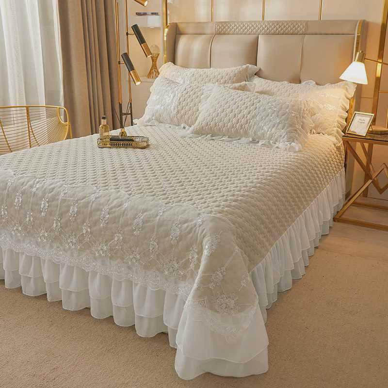 简约白色床单单件韩版蕾丝花边床裙加厚床罩四件套夹棉床盖三件套