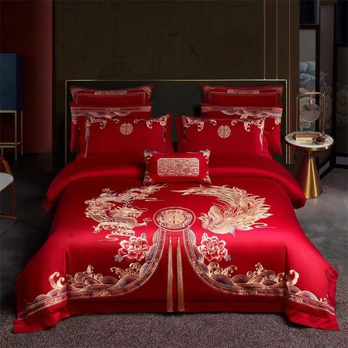 轻奢160支双股床笠刺绣长绒棉款婚庆四件套结婚床上大红十件