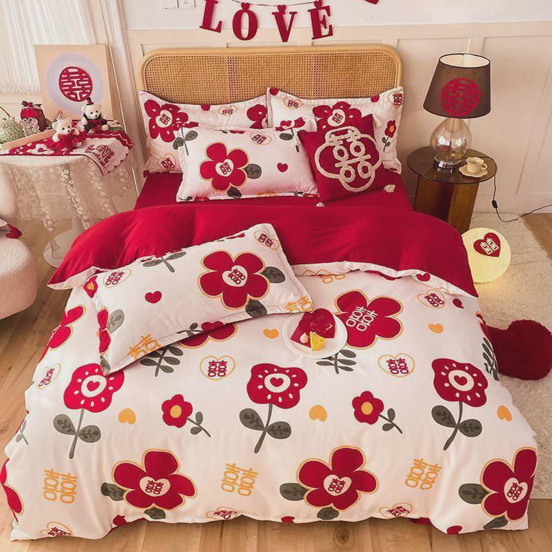 磨毛床单被套四件套结婚大红色婚庆床上用品三件套纯色加厚斜纹