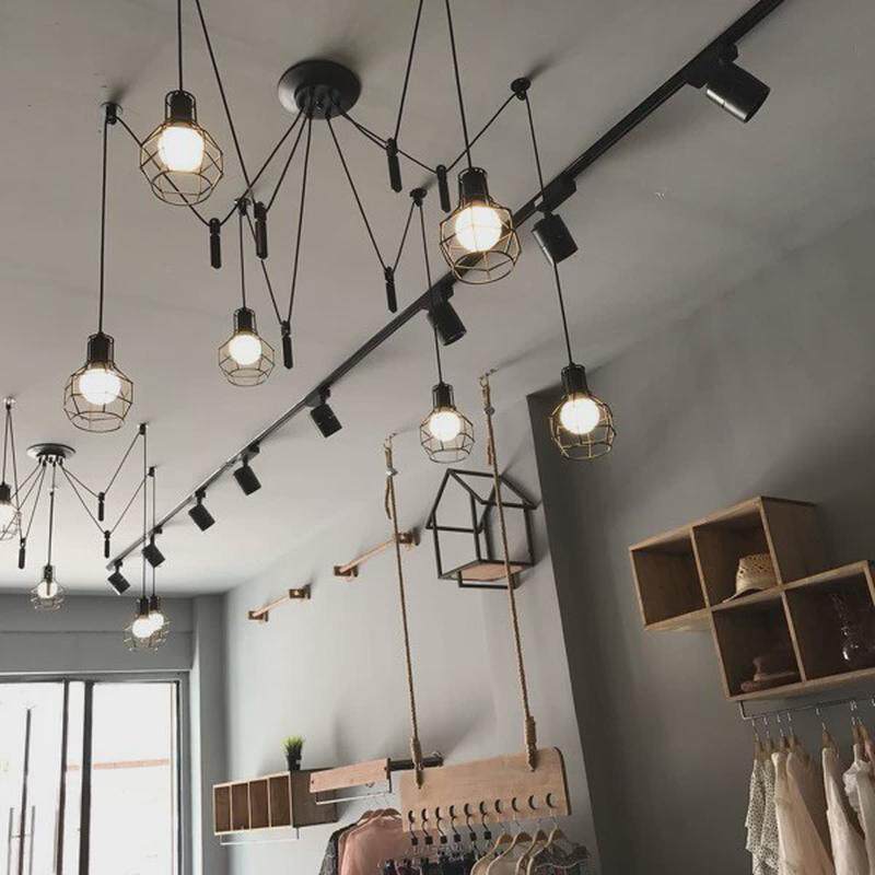 现代简约美式网咖酒吧铁艺吊灯北欧loft笼子工业风复古升降吊灯