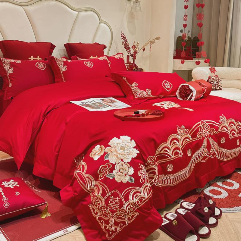 高档婚庆床品龙凤刺绣结婚四件套大红色床单被套亲肤棉喜被中式