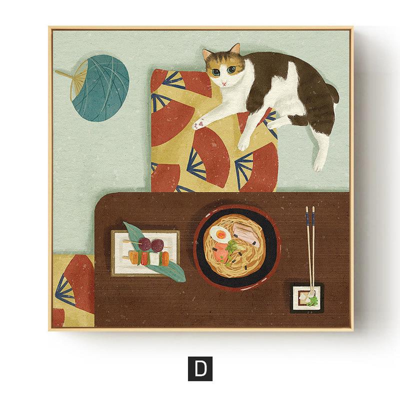美食暖餐厅日式风格客厅装饰画可爱猫咪居背景墙挂画正方形壁画图片