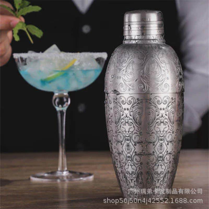 复古磨砂调酒器日式不锈钢摇酒壶蚀刻雪克壶调酒壶刻花摇酒器酒吧