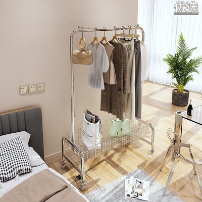 落地挂衣架移动多功能收纳架子服装店架卧室带篮置物架加厚型