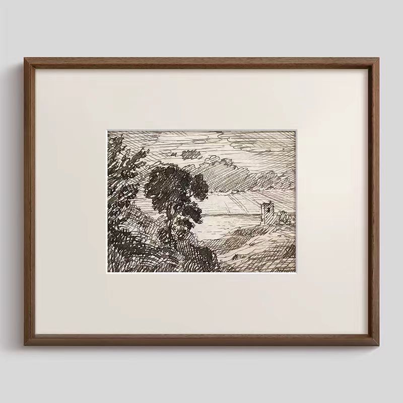 树》黑白素描装饰画法式复古中古风客厅壁画玄关走廊书房实木挂画图片
