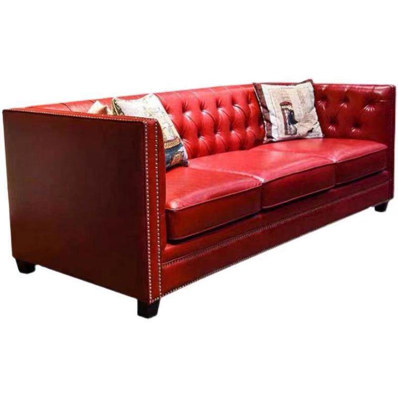 美式后现代复古红色拉扣服装店三人位小户型北欧皮艺沙发