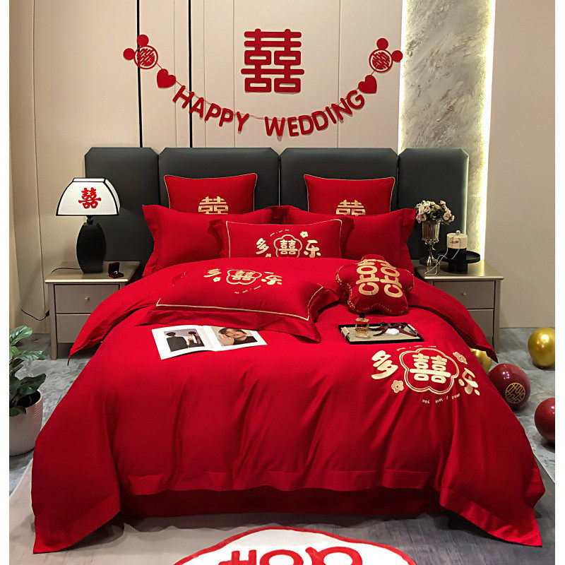 高档中式天丝棉磨毛龙凤刺绣结婚四件套红色被套高级感喜庆婚庆床