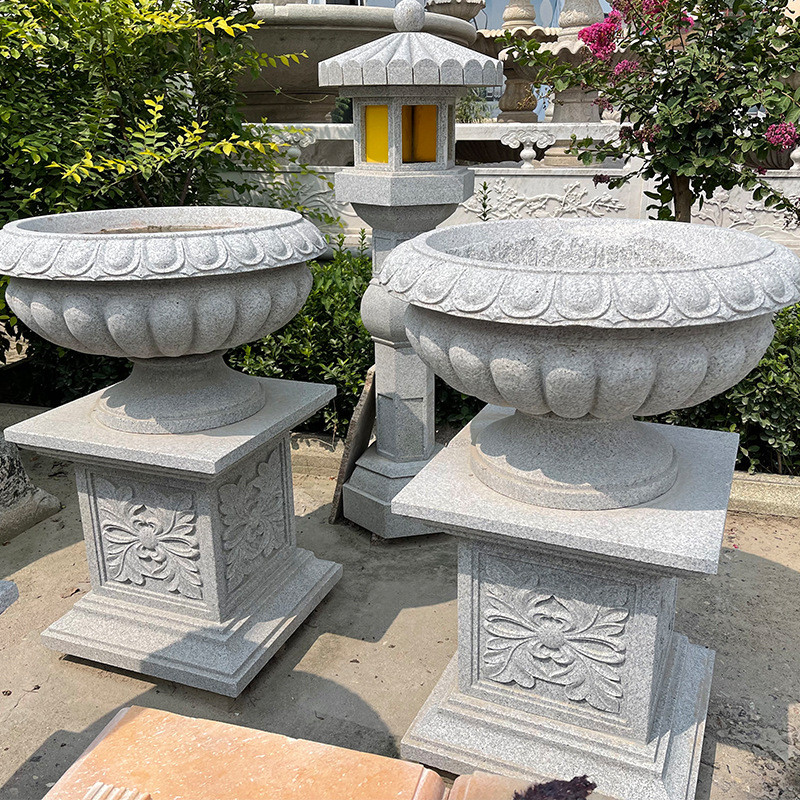 石欧式钵雕花黄锈石花盆户外广场装饰盆景天然花岗岩石头花盆摆件