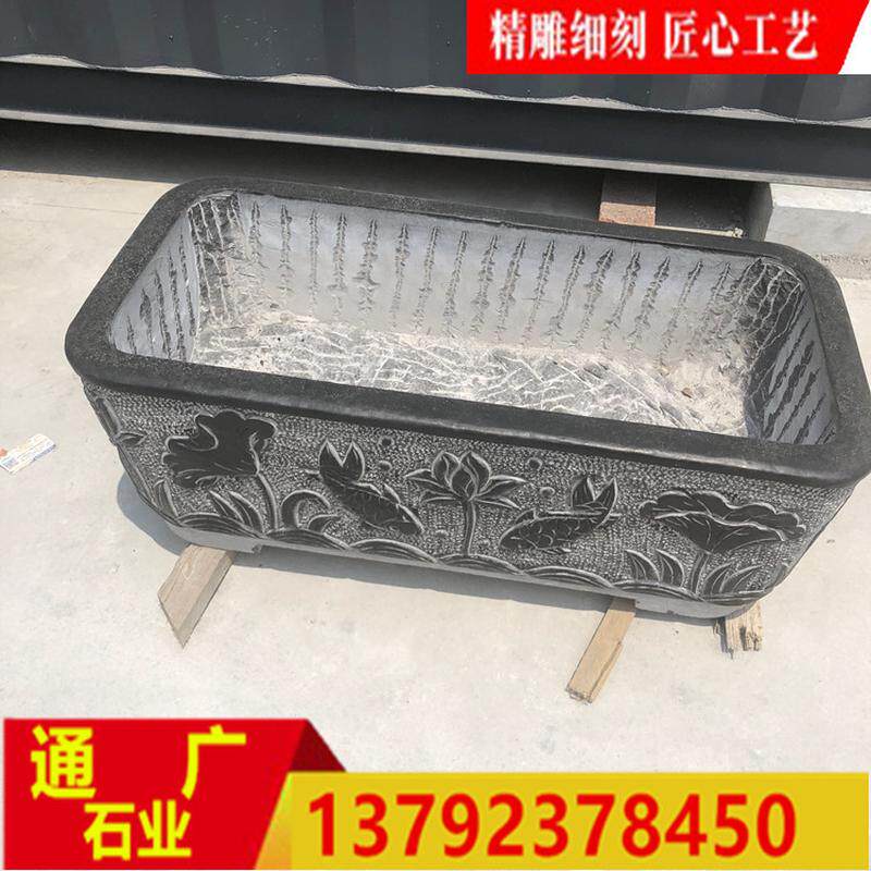 青石仿古鱼缸长方形做旧荷花盆雕塑养鱼池老摆件石雕石槽