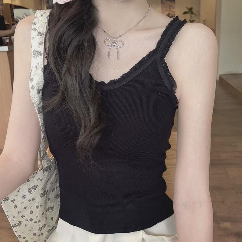 蕾丝花边甜辣妹纯欲小吊带背心带胸垫夏季内搭外穿修身无袖上衣女