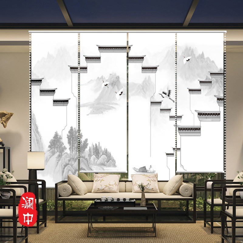 复古中式卷帘窗帘手拉式升降遮挡装饰帘子屏风帘隔断茶室酒店徽派