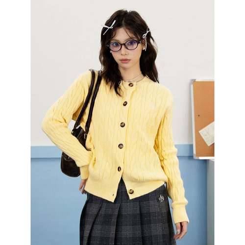 GNEMOAH法式奶黄色麻花毛衣开衫黄色针织衫女秋季长袖修身外套