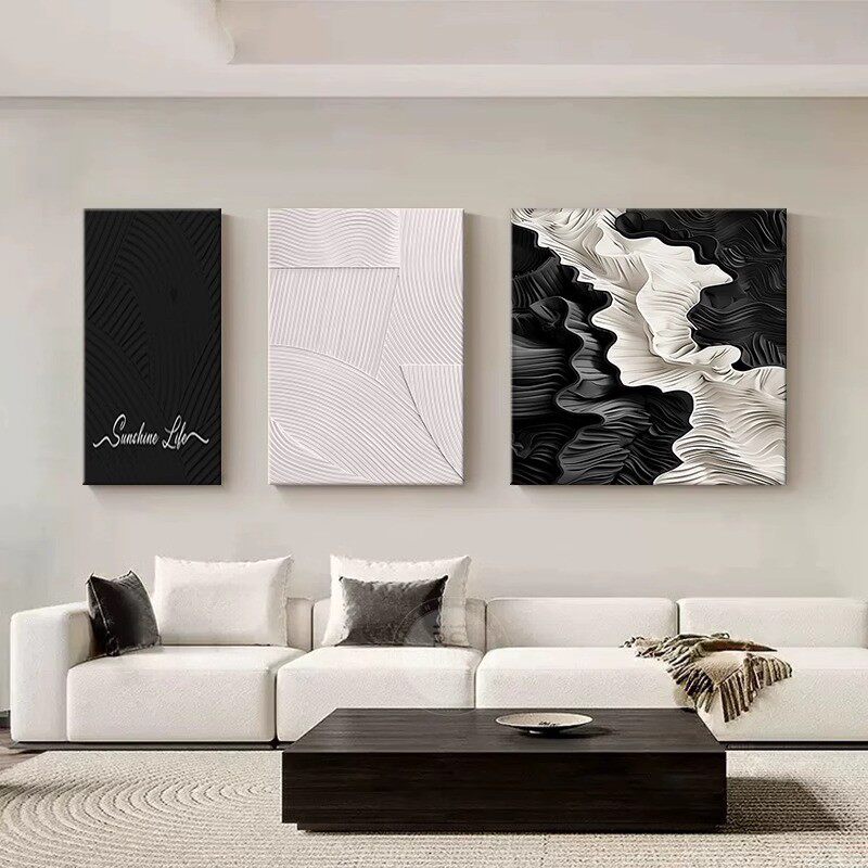 抽象艺术客厅装饰画沙发背景墙挂画黑白灰极简简约高级肌理三联画
