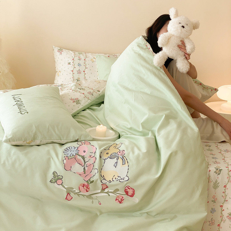 厂家批发ins小清新卡通绣花棉四件套棉印花刺绣儿童可爱床品,床上用品,床品套件/四件套/多件套,淘宝优惠券,粉丝福利购,淘宝优惠卷