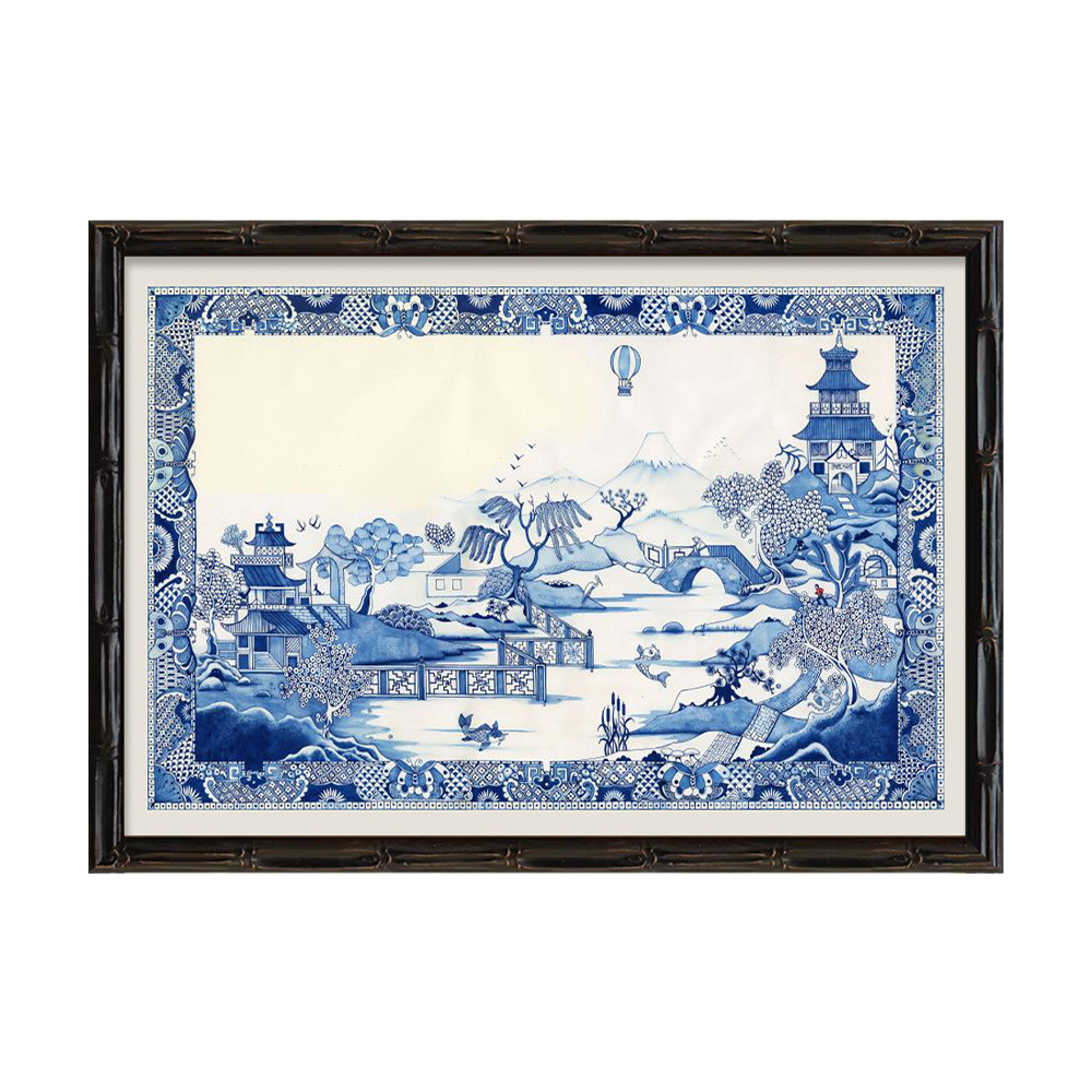 新中式《传说中的桃乐市》竹节框小众青花瓷风景装饰壁画玄关挂画图片