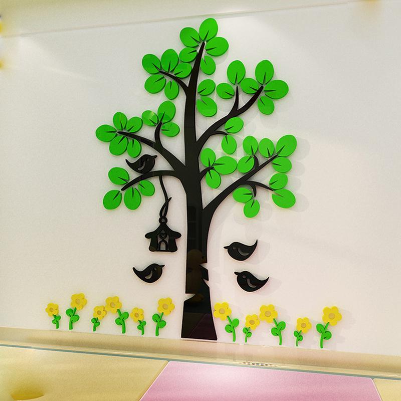立体亚克力3D墙贴画卡通学校幼儿园小鸟绿树儿童房客厅卧室装饰图片