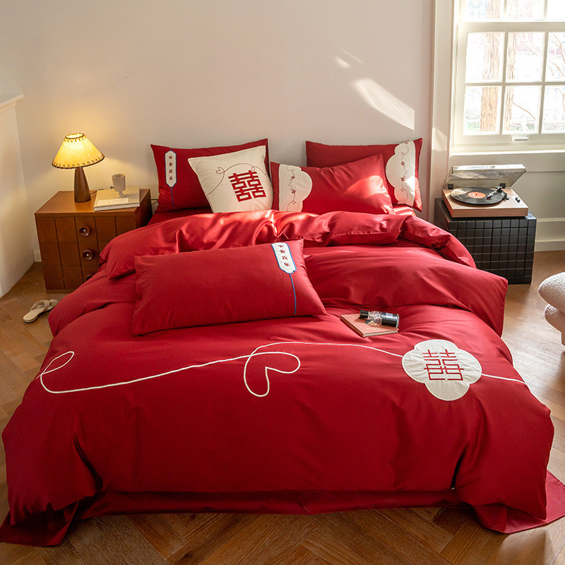 婚庆大红色100s贡缎全棉床单被套结婚刺绣长绒棉四件套床笠床品