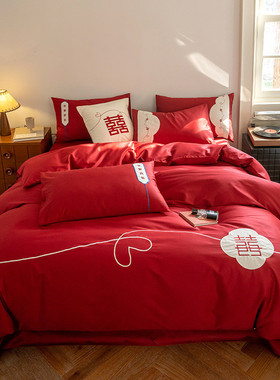 婚庆大红色100s贡缎全棉床笠结婚刺绣床单被套长绒棉四件套床品