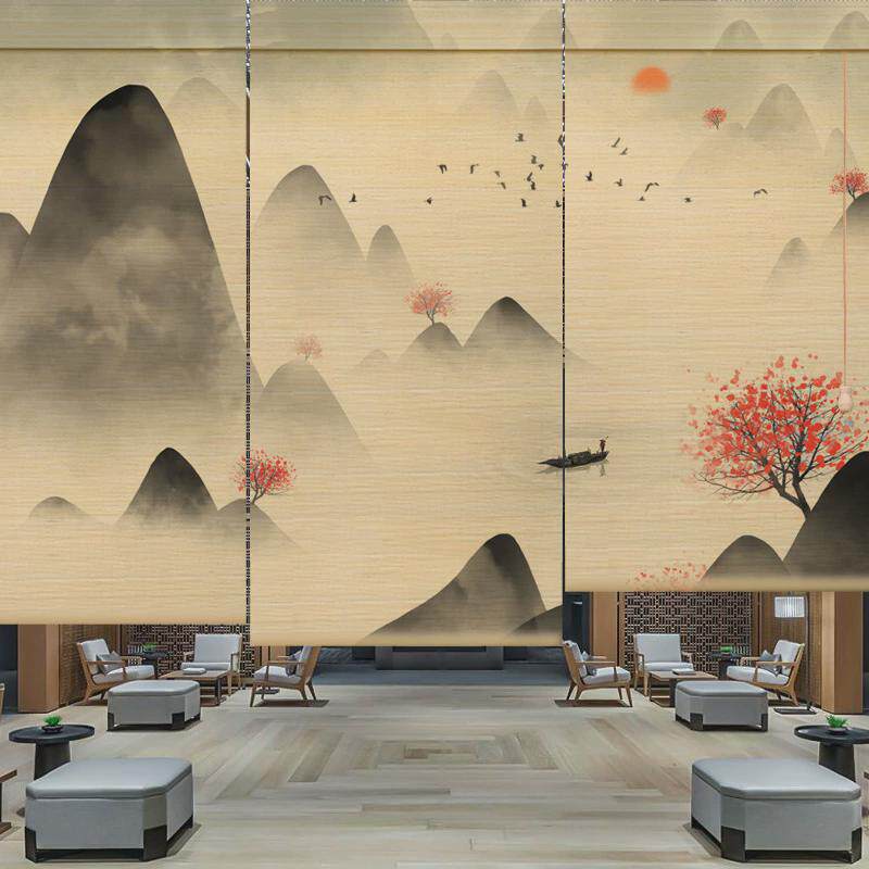 竹帘窗帘用印花卷帘遮光升降遮阳帘隔断餐厅饭店家商中式门帘