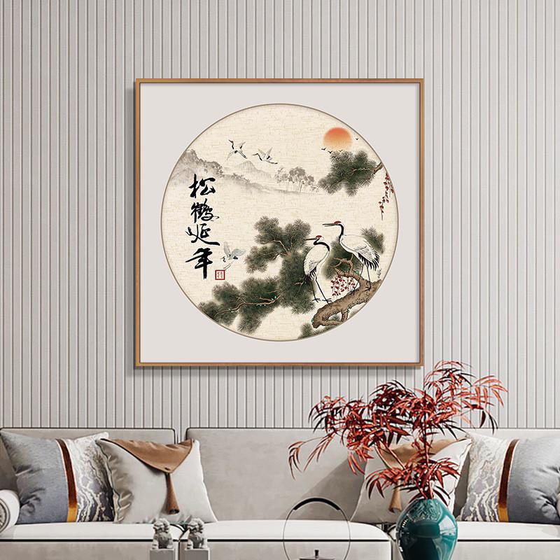 新中式迎客松玄关装饰画入户客厅走廊墙壁画松鹤延年方形晶瓷挂画图片