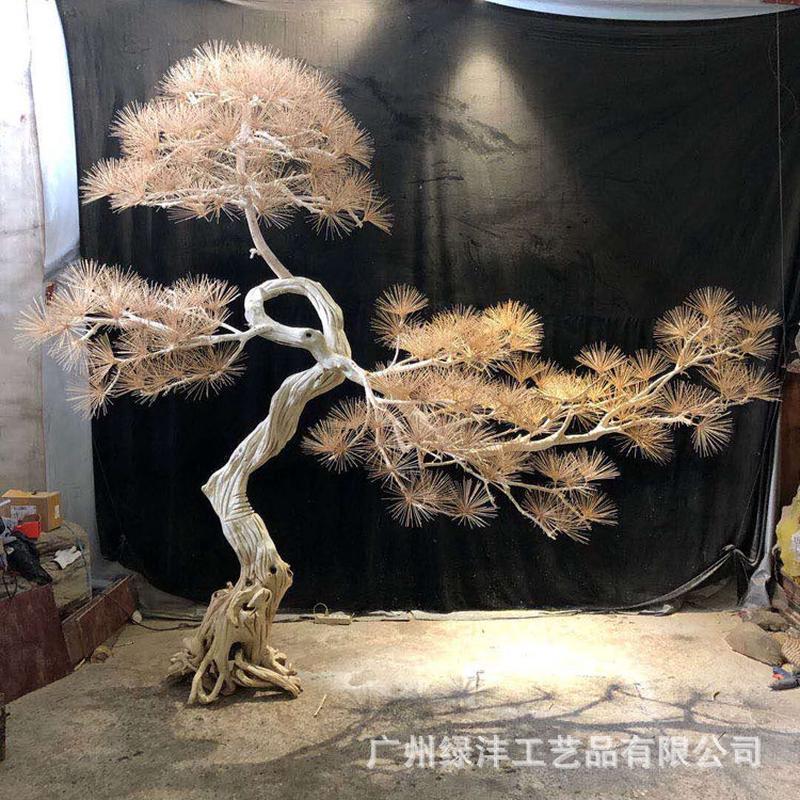 仿真迎客松树假树木雕松树客厅玄关禅意绿植厂家罗汉松仿真树装饰