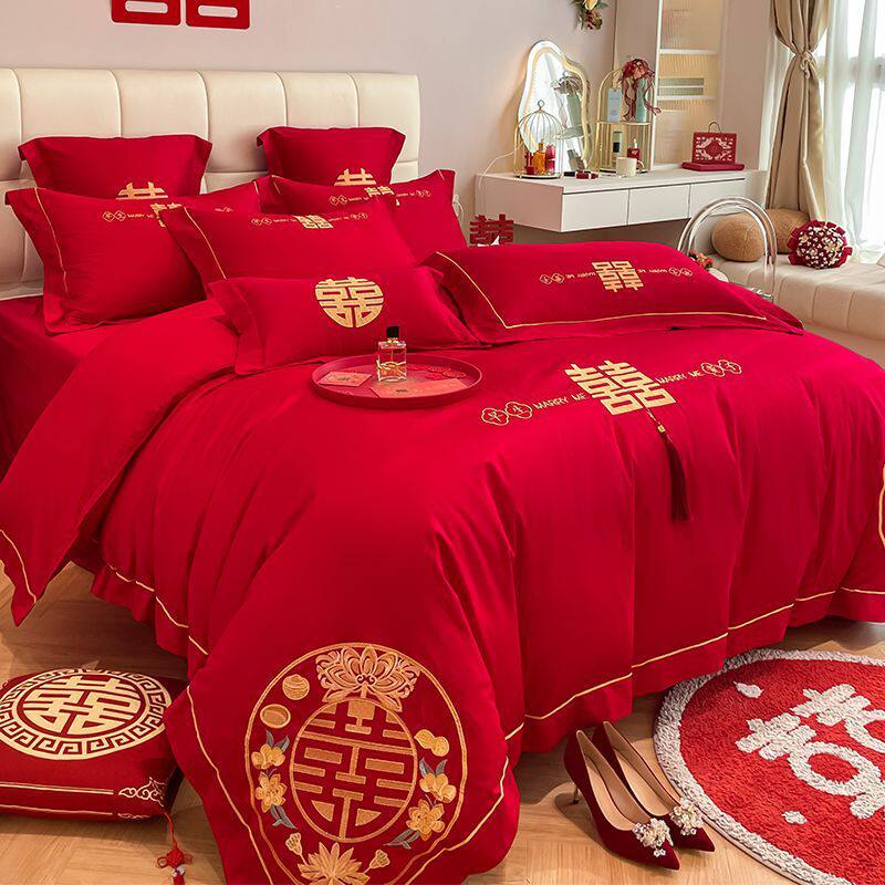 婚庆四件套中式大红色龙凤刺绣喜被婚房陪嫁床单被套结婚床上用品
