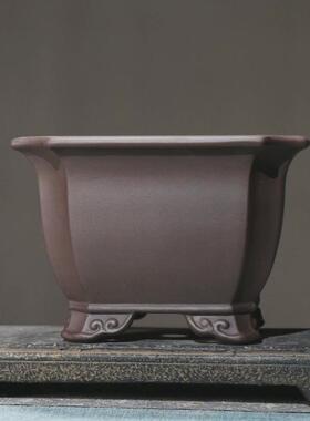 紫砂花盆切角四方正方形盆景盆王飞制陶中国风古典室内盆栽简约