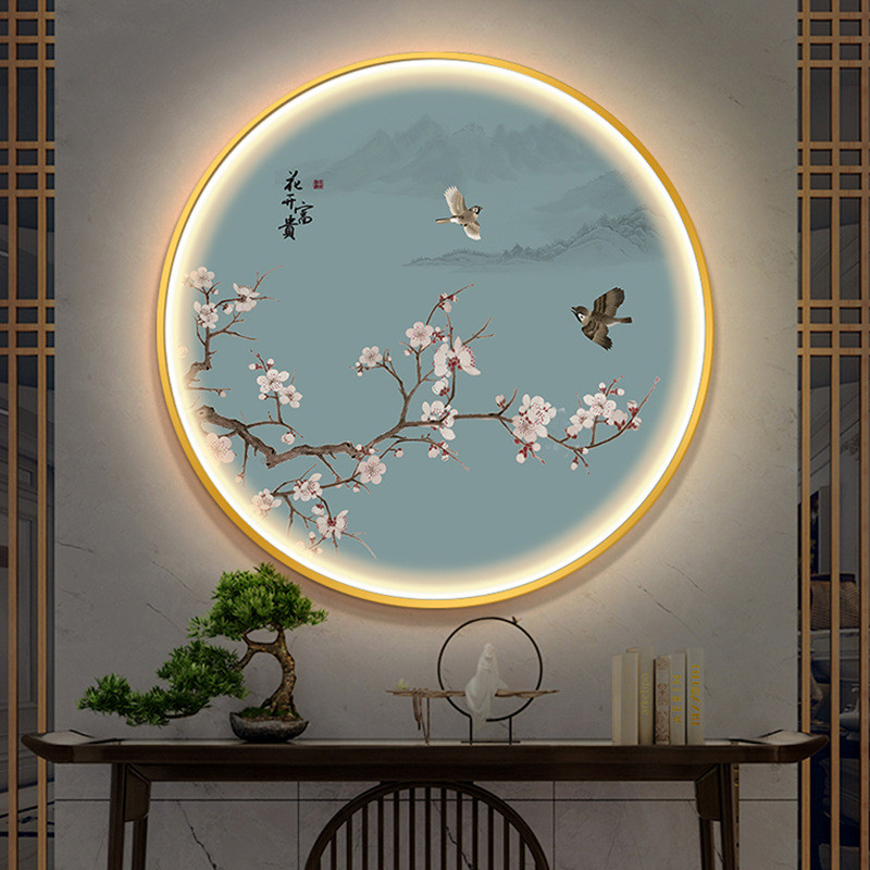 bb4c批发喜上眉梢新中式圆形装饰画梅花图客厅卧带灯玄关挂画