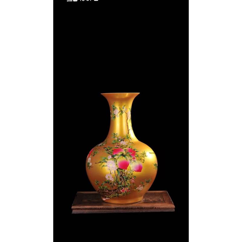 陶瓷花瓶釉上彩中式福寿图落地花瓶赏瓶黄色玄关饰品摆件批发