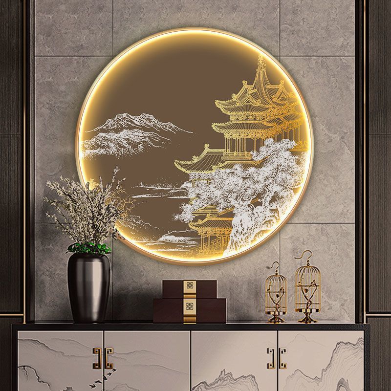 新中式玄关装饰画热销灯画圆形酒店壁画爆款过道水墨鹤楼背景挂画图片