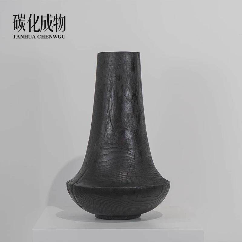 中式侘寂风碳化木花器摆件日式客厅餐桌玄关桌面创意花瓶批发