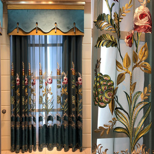 新款美式纱帘客厅窗帘纱绣花墨绿色卧室轻奢阳台隔断成品