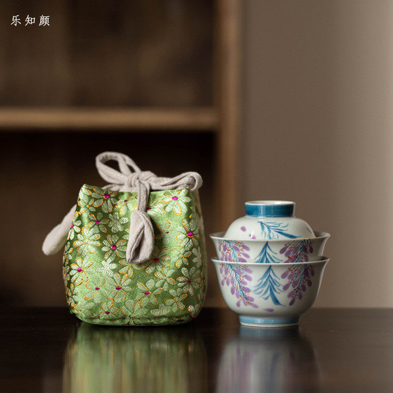 旅行茶具套装一人收纳盖碗茶杯功夫茶具户外便携饮手绘紫藤快客杯